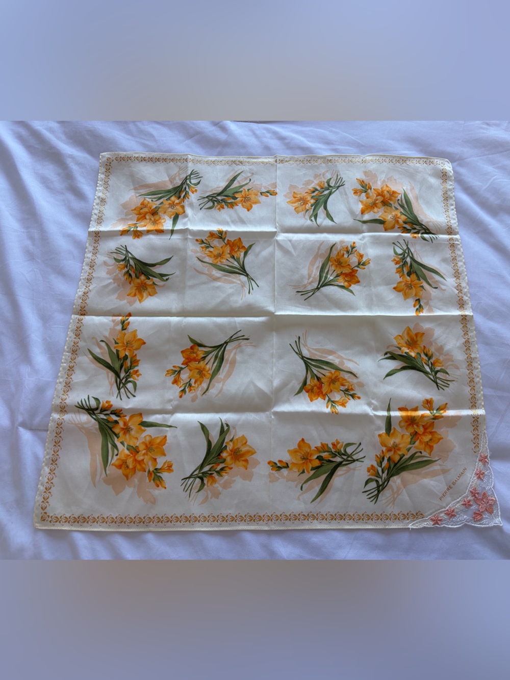 Pierre Balmain Floral Scarf in Cream & Orange with delicate lace detail Like New